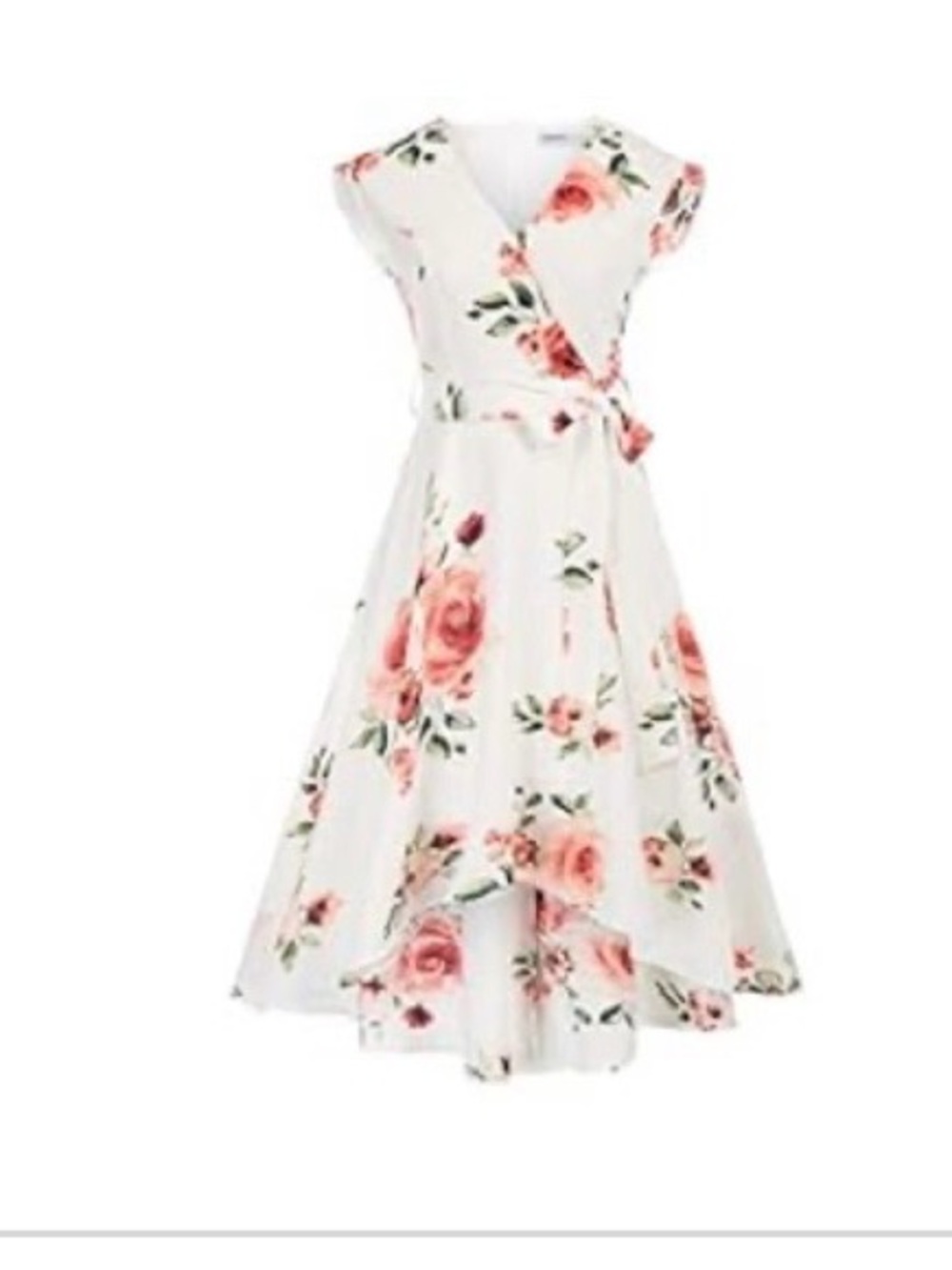 Floral White High-Low Wrap Dress with Pink Rose Print